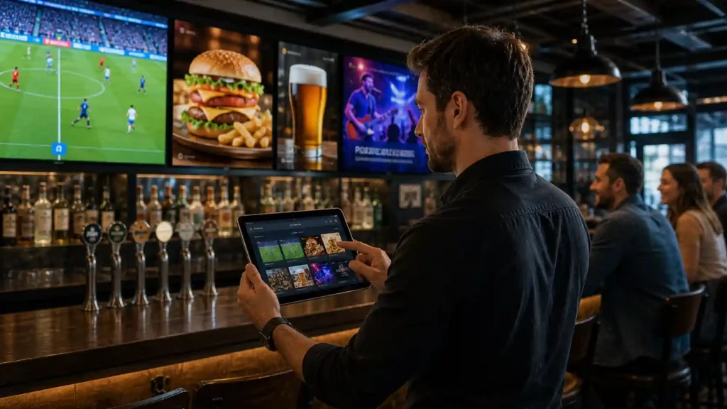 Digital signage screens inside a venue showing menu boards, live sport and promotional offers