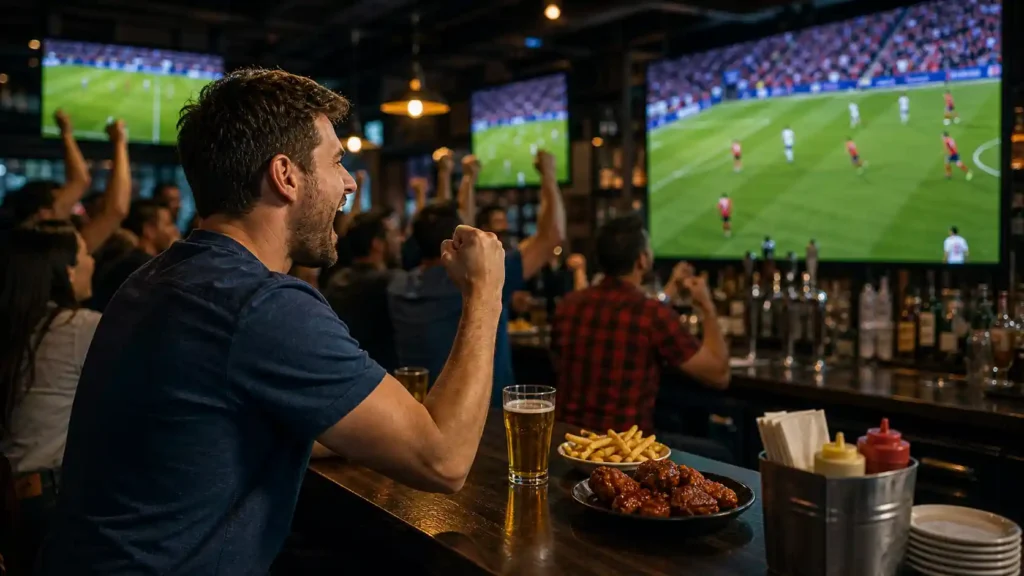 Sports bar screens showing live fixtures and match-day promotions for fans