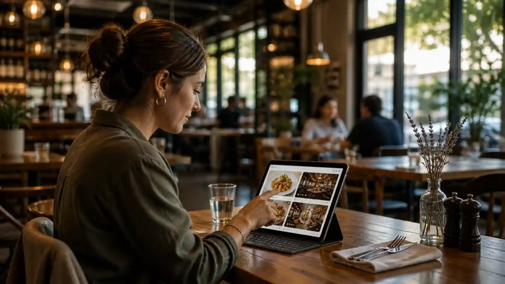 Restaurant listing showing structured menu, food photos and opening hours for AI search discovery