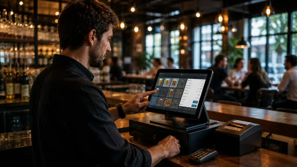 Free POS system for a bar or restaurant showing menu management and sales screen