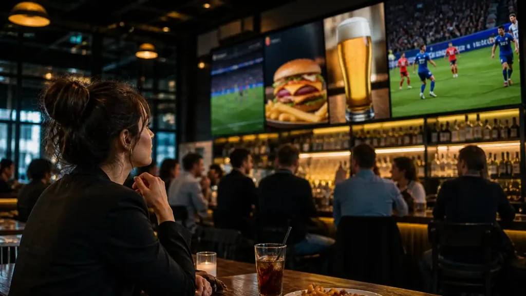 Digital advertising screens inside a sports bar showing branded campaign content for local advertisers