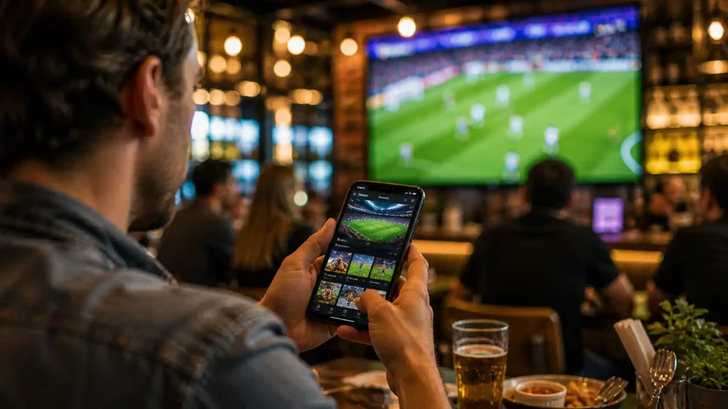 Sports fans in a bar watching live sport on screens connected to fixture discovery