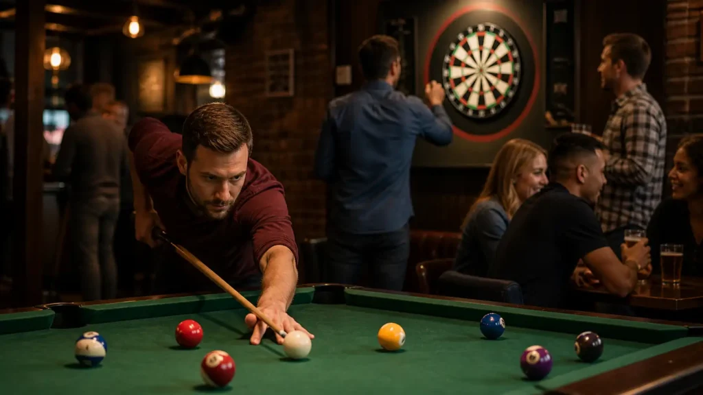 Pub league night with players competing in pool and darts with screens showing fixtures and standings